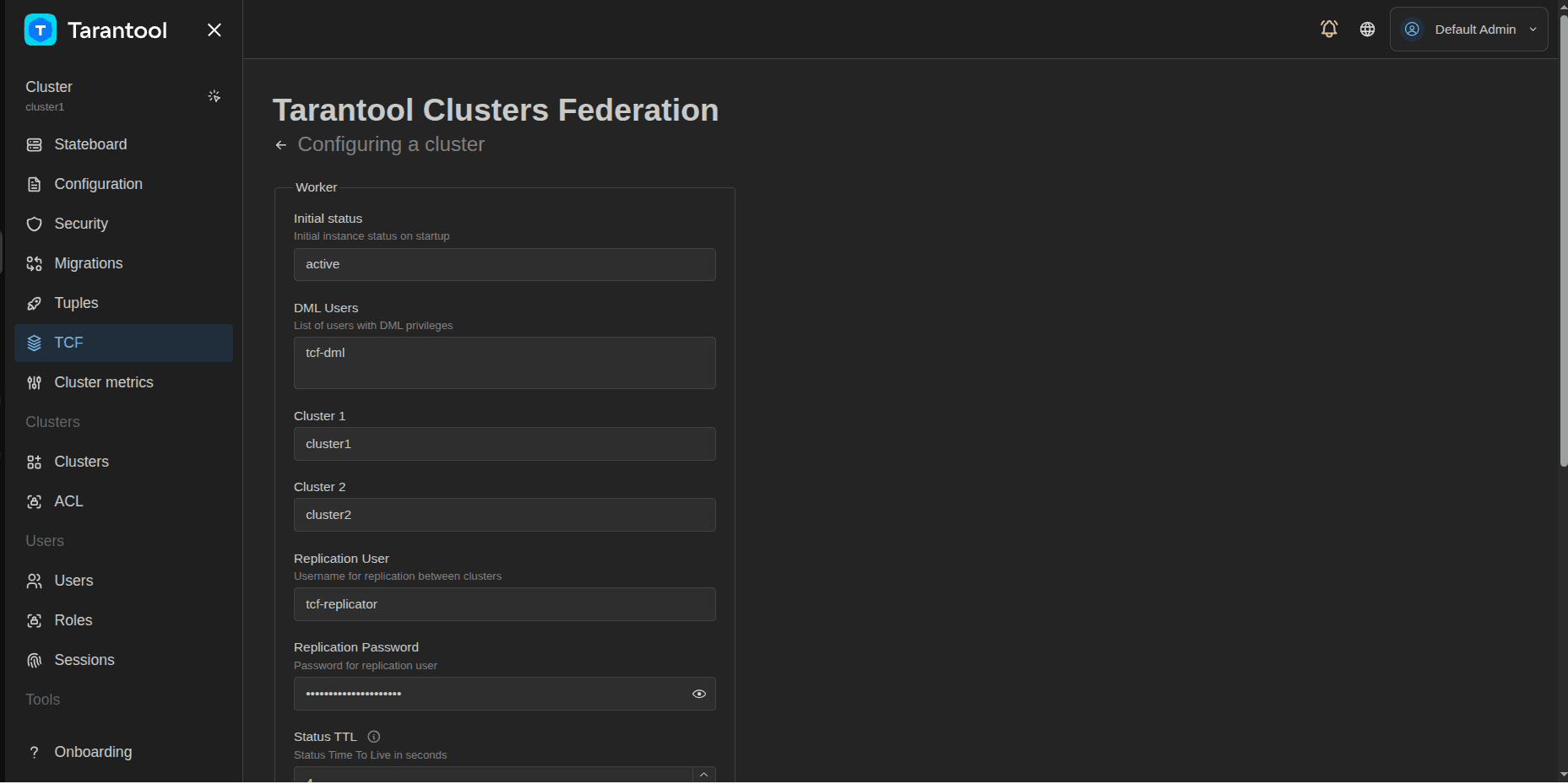 TCM TCF settings page