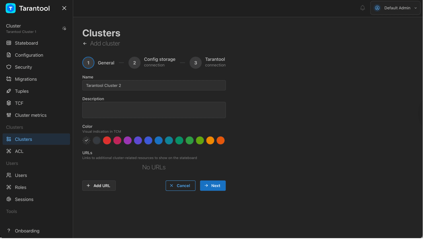 TCM UI Clusters tab 